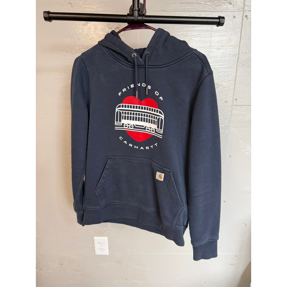 Carhartt Friends of Carhartt Navy Blue Graphic Heart Hoodie Small Relaxed Fit